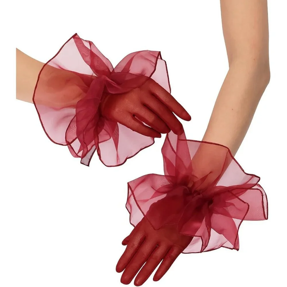 Women's White Short Mesh Imported Tulle Sheer Lace Ruffles Gloves